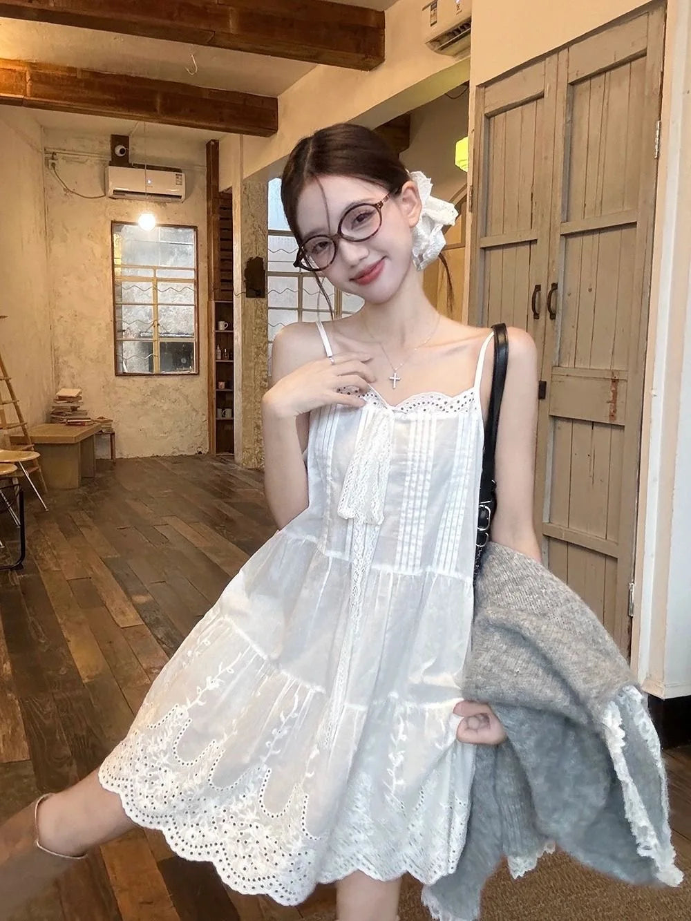 Bow-Tie Front Thin Sheer White Lace Dress Women's Summer Sleeveless Short Mini Dress Korean Cute Layered One Piece Slip Dress