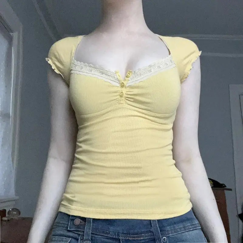Deeptown Elegant Sweet T-shirts Women Coquette Butter Yellow Kawaii Short Sleeve Tees Korean Fashion Lace Patchwork T-Shirts