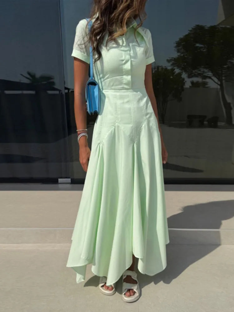 Fashion Women's Shirt Style Dress Turn-Down Collar Short Sleeve Solid Lady Dresses Irregular 2025 Summer Elegant Female Robe