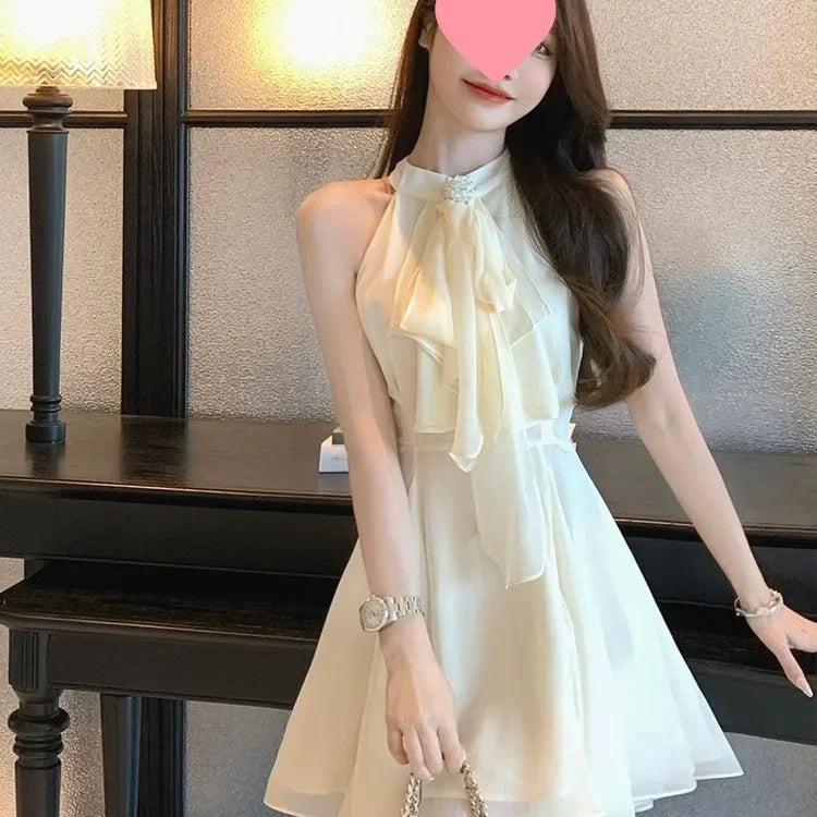 French Style Irregular Waist Cinched Sleeveless Chiffon Dress Women Summer New Sexy Neck Hanging Short Skirt Dress