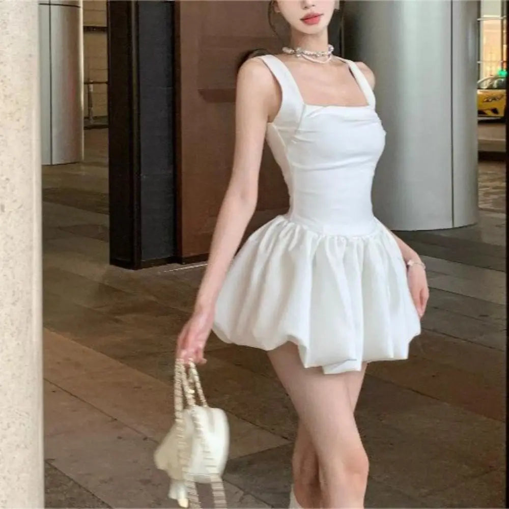 Elegant French Style Camisole Dress Sleeveless Slim Fit Bud Dress Black White Short Dress Women Girl