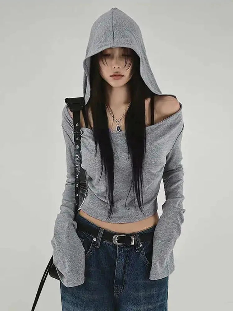 Y2K Aesthetic Hooded T Shirts Women Casual Streetwear Long Sleeve Crop Top Slim Off Shoulder Tees Grunge Sexy T Shirt
