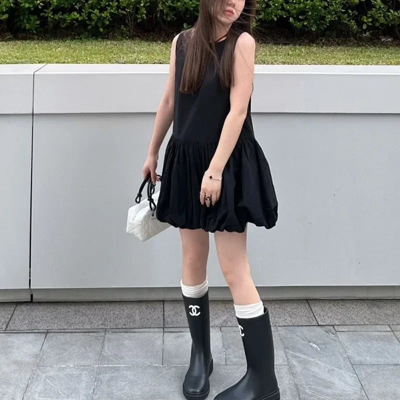 Black Sleeveless Vest Dress Women Summer Gentle Personality Loose All-Match Flower Bud Short Skirt Korean Style Dress