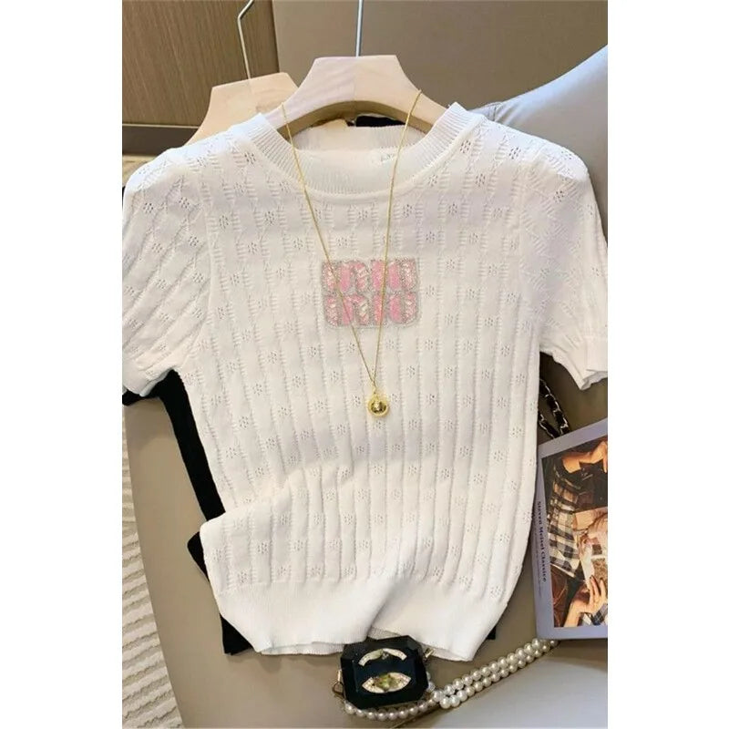 Contrasting Color Letter-encrusted Diamond Short-sleeved Knitted Women's 2025 Summer New Sweetheart Spice Girl T-shirt Top