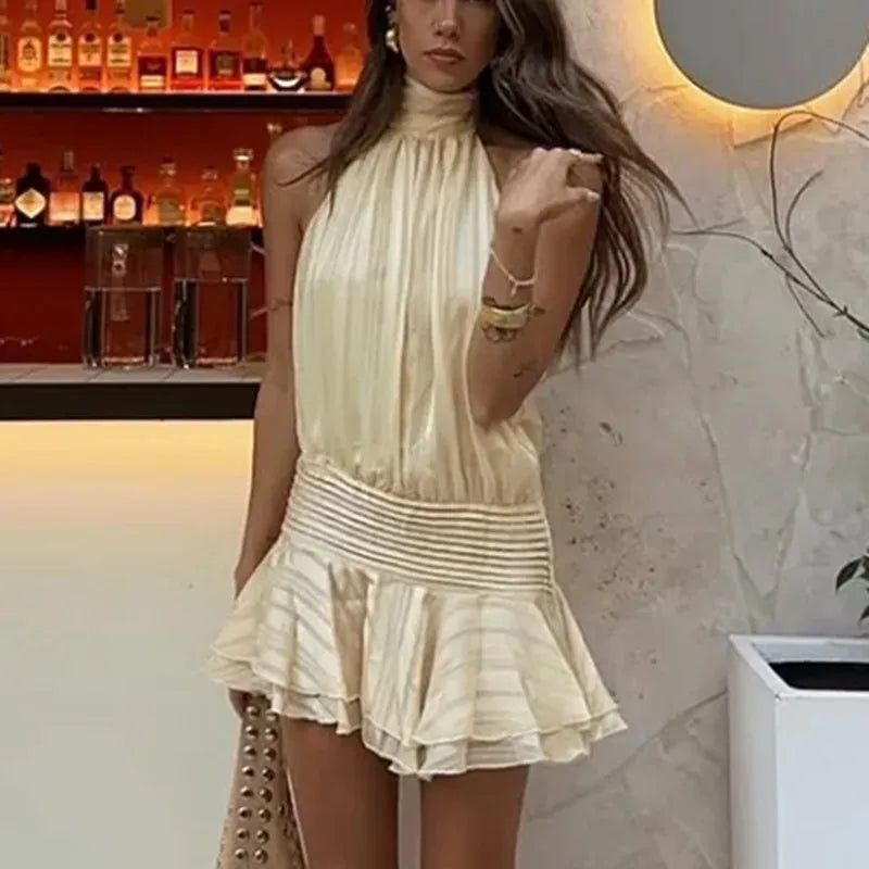 Halter Ruffle Mini Dress Women Sexy Sleeveless Backless Lace Up Party Dresses Summer Beach Fashion Vacation Lady Short Robe