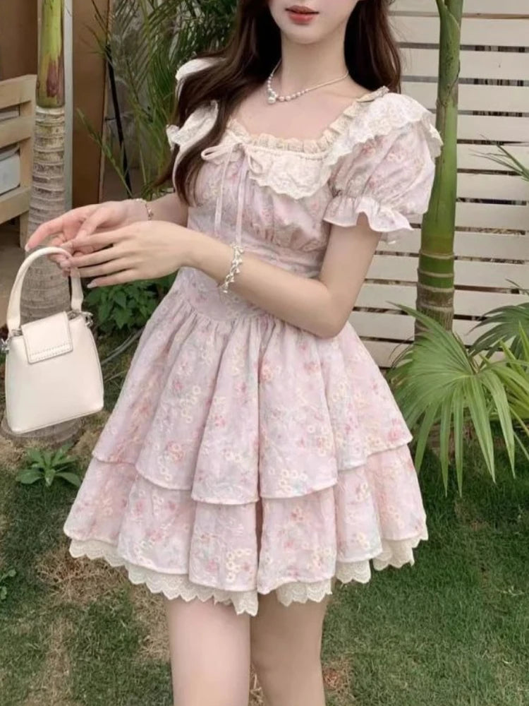 French Summer Style Puff-sleeve Floral Dress Women Sweet Aesthetic High Waisted Slim Dress Korea Fashion Ruffled Lace Clothing