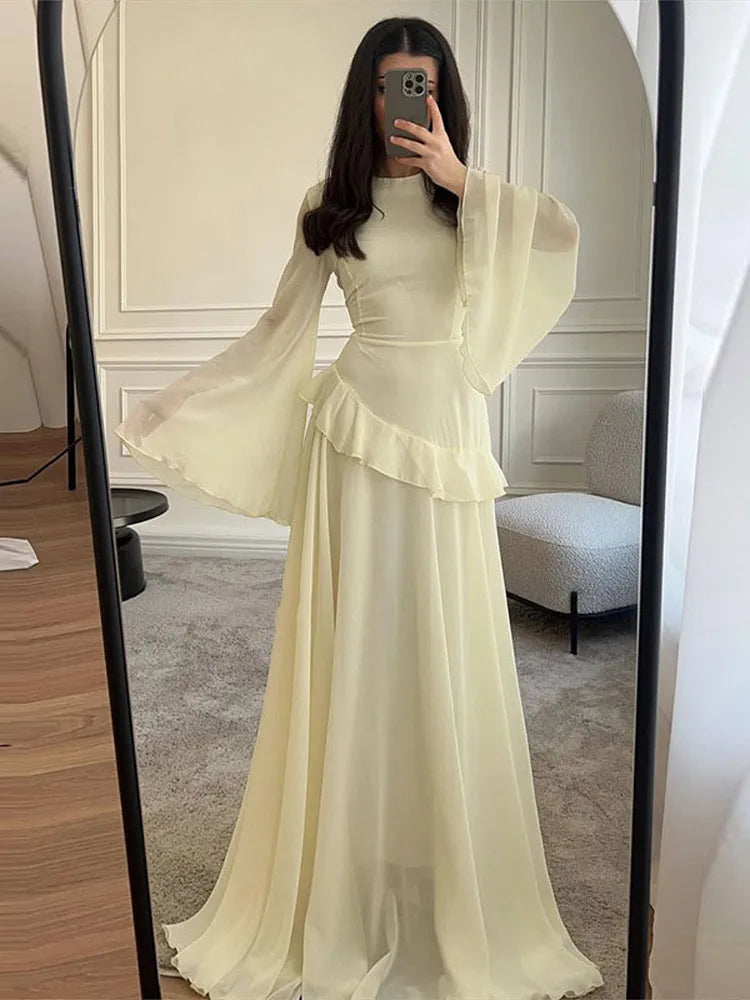 Fashion Flare Sleeve Ruff Long Dress Women Solid O-neck High Waist Slim Pleated Maxi Dresses 2025 Lady Summer Chic Party Robes