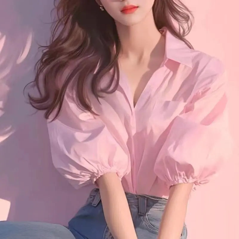 Pink Short Sleeve Solid All-match Korean Blouse Summer Polo Neck Loose Simplicity Temperament Shirt Tops Fashion Women Clothing