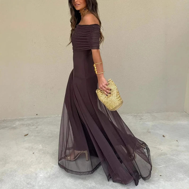 Sexy Sleeveless Commuter Dress Fashion Hight Waist Strapless Slim Long Dress Women Elegant Mesh Splicing Solid Color Party Dress